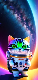 Astronaut cat in neon galaxy mobile wallpaper.