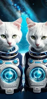 Two cats in astronaut suits with a galaxy backdrop.