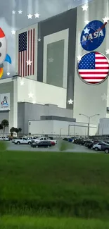 NASA building with rocket and American flag in vibrant landscape.