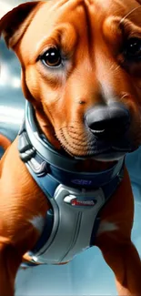 Dog in futuristic space suit in sci-fi setting.