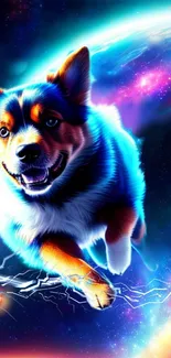 Joyful dog in cosmic space with vibrant colors on mobile wallpaper.