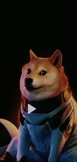 Shiba Inu dog in an astronaut suit with a dark cosmic background.