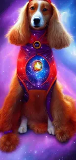 A dog in a cosmic costume amidst vibrant purple galaxy.