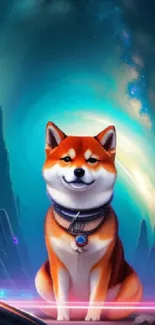 Fantasy-themed wallpaper featuring a dog in a cosmic galaxy landscape.