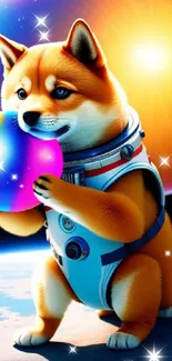 Cartoon space dog holding colorful ball in cosmic scene.