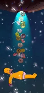 Cartoon character floats towards donuts in space with a star-filled background.