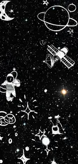 Whimsical space-themed wallpaper with stars and planets doodles on a black background.