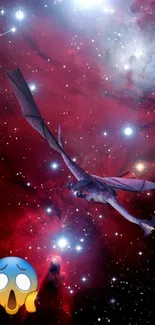 Mystical dragon flying through a red nebula galaxy.