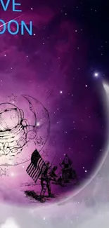 Purple cosmic wallpaper with an astronaut on the moon and stars in the background.