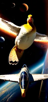 Duck flying in space with planets and a spaceship.