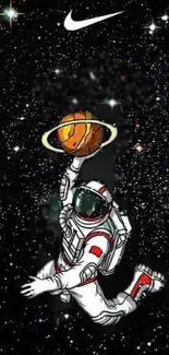 Astronaut dunking basketball in space art wallpaper.