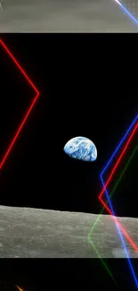 Earth from lunar surface with vivid neon lights spreading.