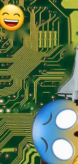 Green circuit board with space shuttle and emoji icons.