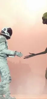 Astronaut meeting an alien on a misty planet.