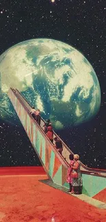 Surreal artwork of an escalator leading to Earth in space.