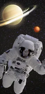 Astronaut floats in space with planets and stars in background.