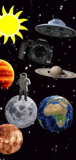 Astronaut with planets and camera on starry black background.