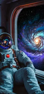 Astronaut gazes at a swirling galaxy from a spaceship window.