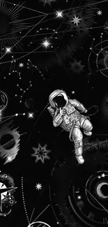 Black and white wallpaper with astronaut and cosmic designs.