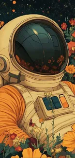 Astronaut surrounded by colorful flowers in space.