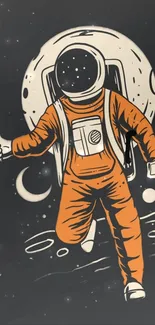 Astronaut in an orange suit floating through space on a mobile wallpaper.