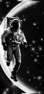 Astronaut surrounded by stars with crescent moon backdrop.