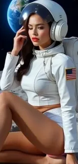 Astronaut on the moon with stylish suit and Earth in background.