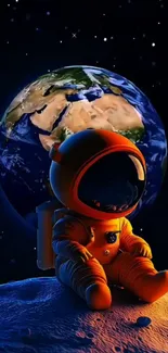Astronaut sitting on moon with Earth in background, colorful space scene.