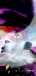 Fantasy alien and cat space-themed wallpaper with vibrant colors.