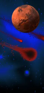 Red planet and blue space wallpaper with shooting stars.