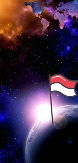 Flag on planet with cosmic space background and world map.