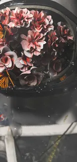 Astronaut helmet with flowers and butterflies in space art.