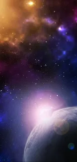 Stunning space galaxy wallpaper with vibrant colors and a distant planet view.