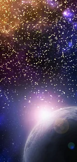 Vibrant space wallpaper with stars and planet.