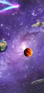 Purple galaxy wallpaper with planets and stars in space.