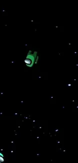 Green astronaut characters floating in a starry black cosmos.