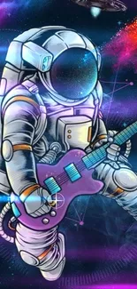 Astronaut playing electric guitar in space with colorful cosmic background.