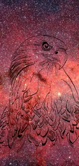 Hawk drawing on red nebula star background.