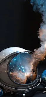 An astronaut helmet with a galaxy reflecting inside, set in space.