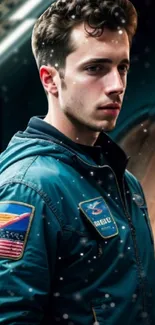 Man in blue space-themed jacket with futuristic elements.