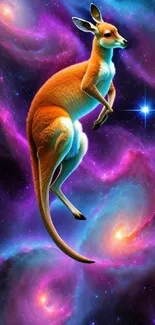 Kangaroo floating in a vibrant galaxy.