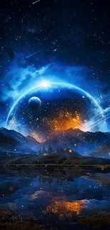 Fantastic space scene with planets, stars, and mountains.