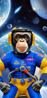 Space monkey astronaut wallpaper with planets and stars in the background.