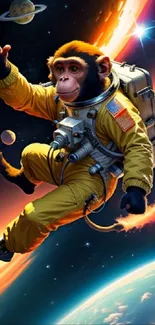 Playful monkey astronaut in space suit floating in colorful cosmic scene.