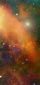 Stunning space nebula wallpaper with orange and green cosmic hues.