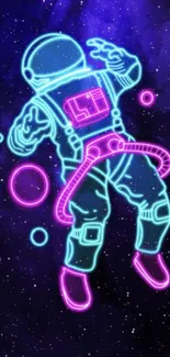 Neon astronaut floating in vibrant space scene.