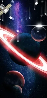 Mobile wallpaper showing planets, a red-ringed Saturn, and a spaceship in space.