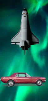 Space shuttle and vintage car under aurora borealis on mobile wallpaper.