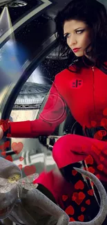 Woman in red space suit in a spaceship, surrounded by hearts.