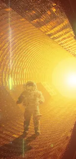 Astronaut exploring illuminated futuristic tunnel with golden light.